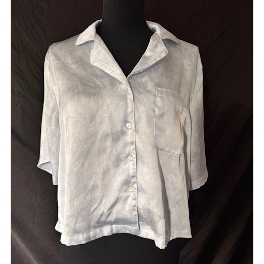 Rachel Zoe Light Blue Floral Jacquard Satin Button Down Short Sleeve Shirt M